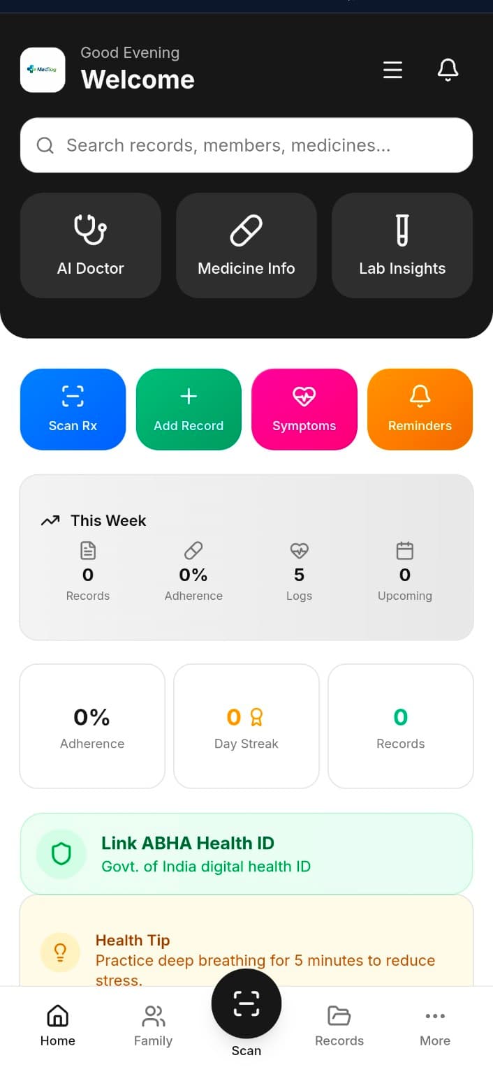 MediFamily App — Family health record dashboard showing prescriptions, reminders, and family members